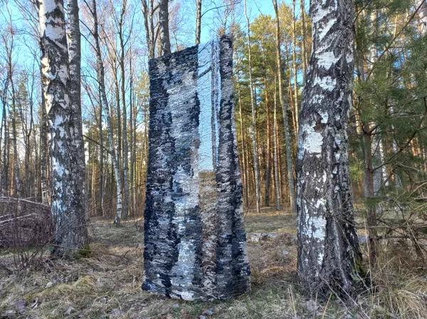 BĒRZI diplomdarbs LMA gobelēns 1.daļa 197x85cm otreizlietojamie materiāli 2022